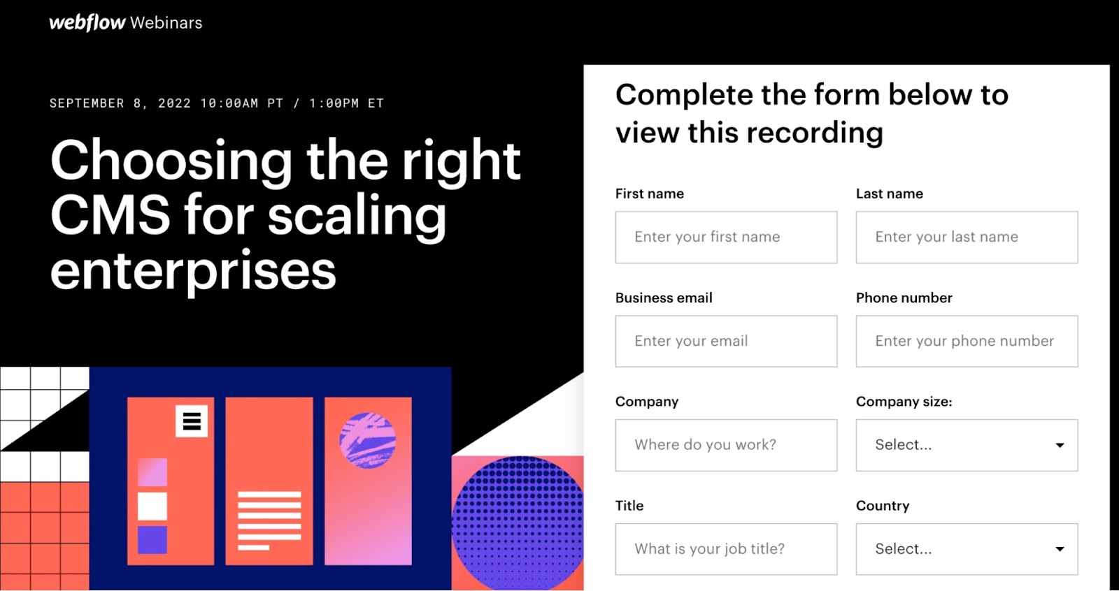 Webflow's "Choosing the right CMS for scaling enterprises" landing page with a form