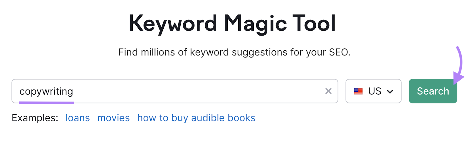 "copywriting" entered into the Keyword Magic Tool hunt  bar