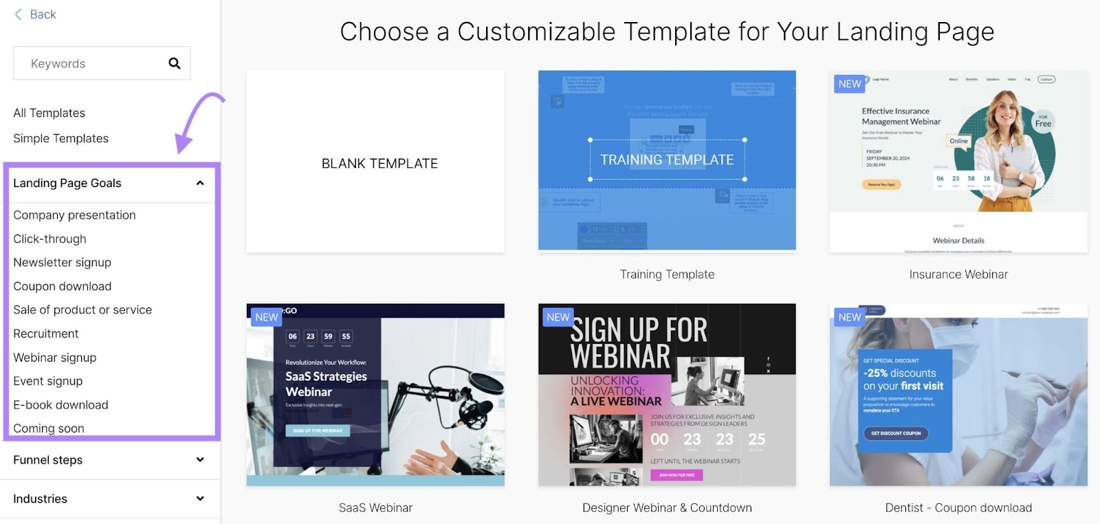 A selection of customizable templates to choose from in the Semrush Landing Page Builder tool, along with "Landing Page Goals" on the left-side column highlighted