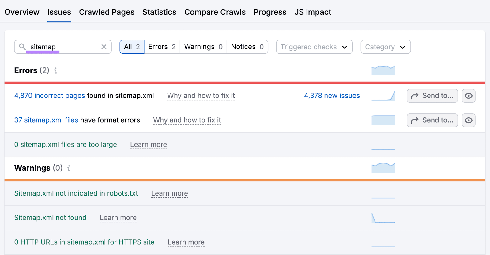 Site Audit's issues tab with a hunt  for sitemap-related errors