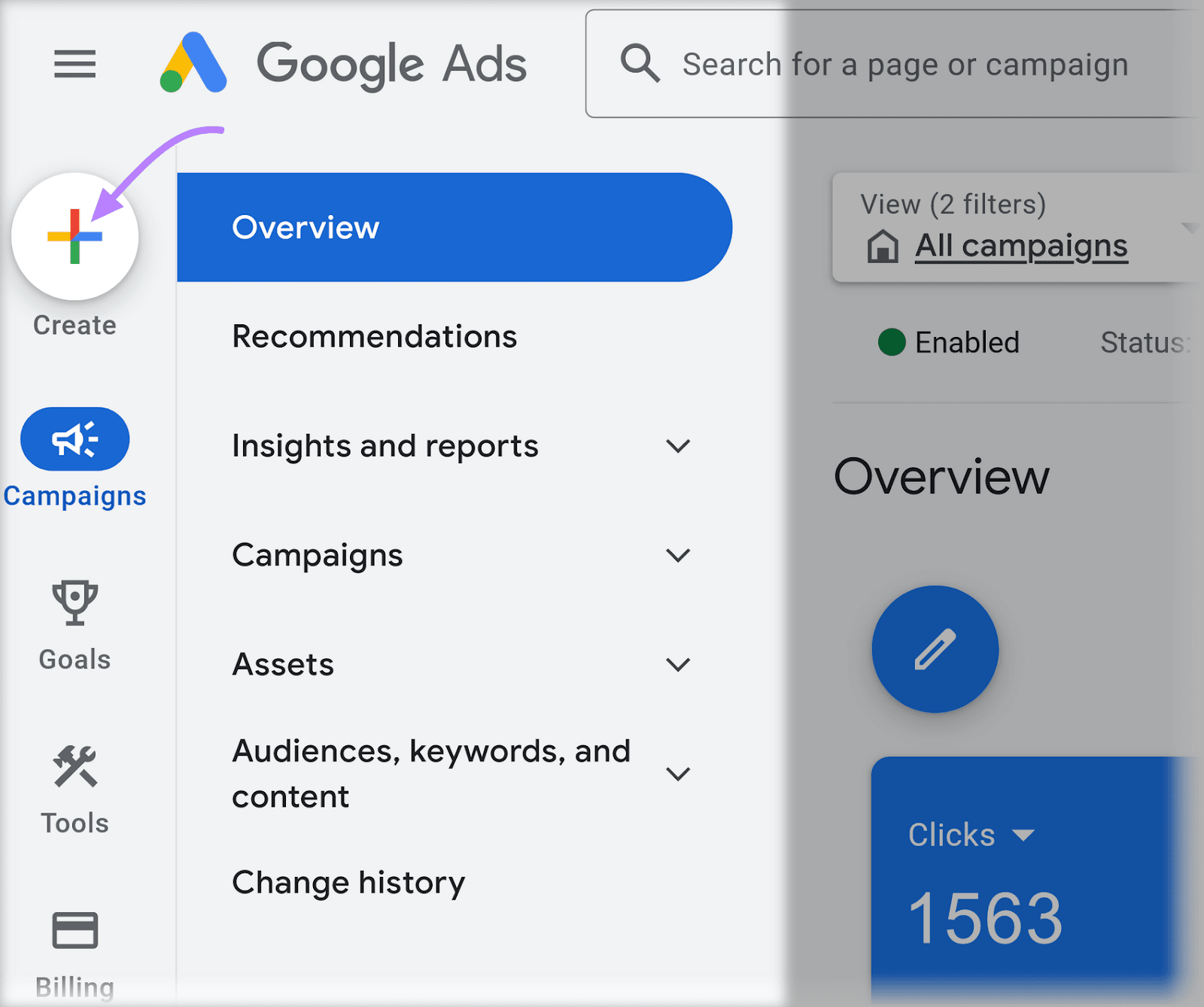 Google Ads user interface showing the navigation menu on the left with a purple arrow pointing to the "Create" button.