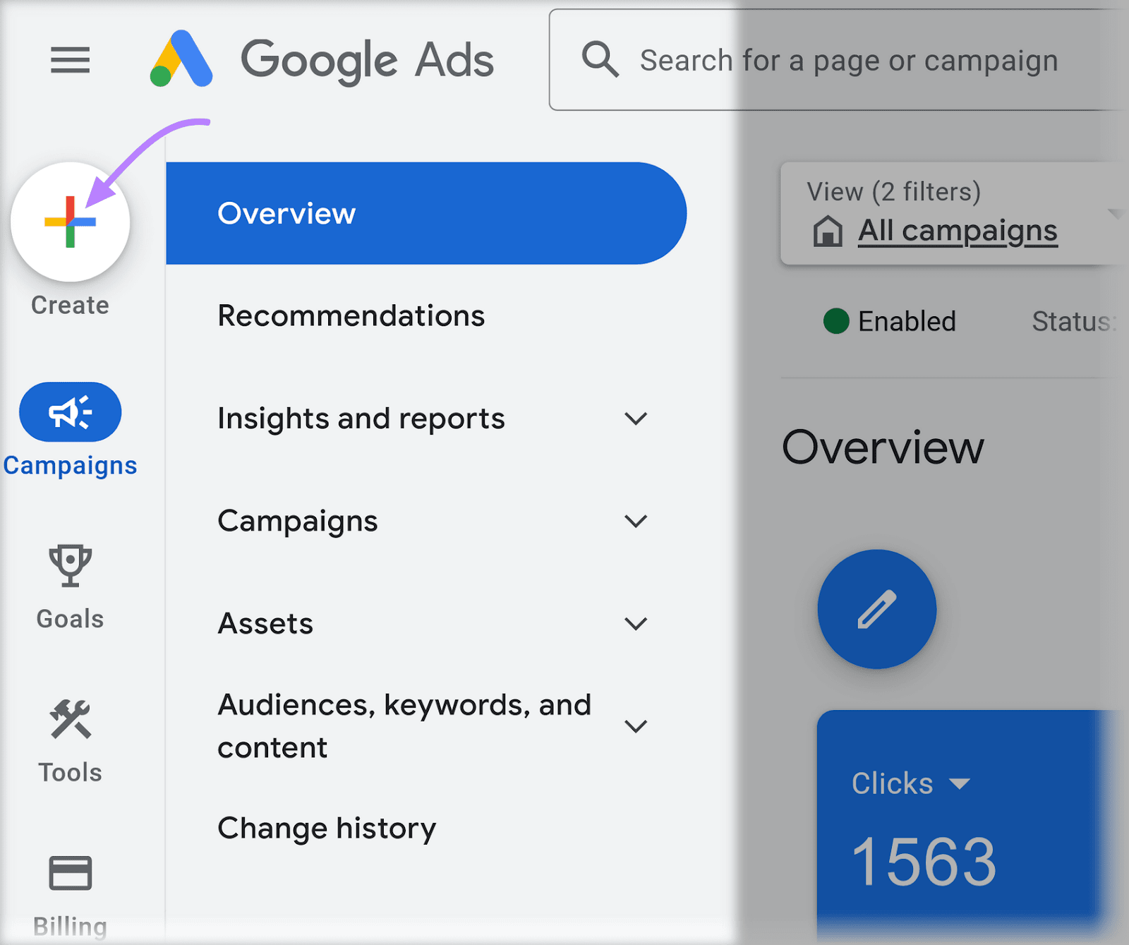 Google Ads idiosyncratic    interface showing the navigation paper   connected  the near  with a purple arrow pointing to the "Create" button.