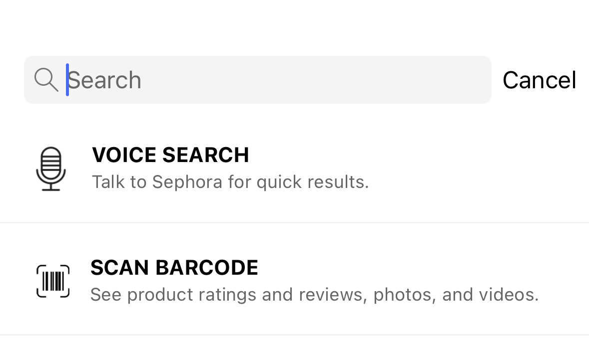 search bar with voice search and barcode scan options