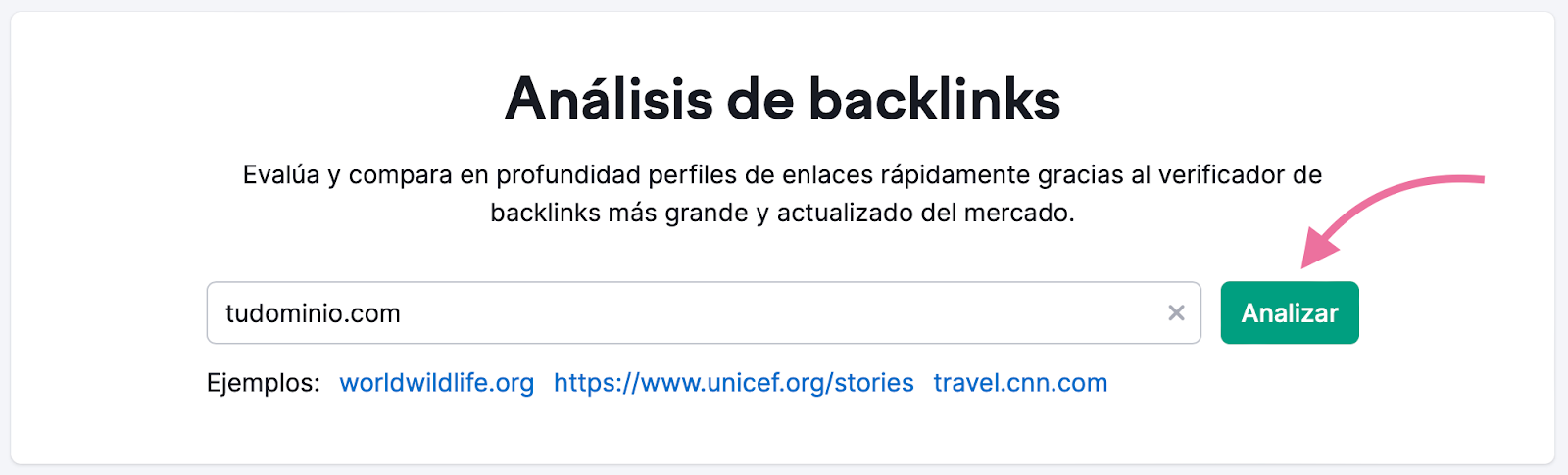 Página de inicio de Análisis de backlinks de Semrush