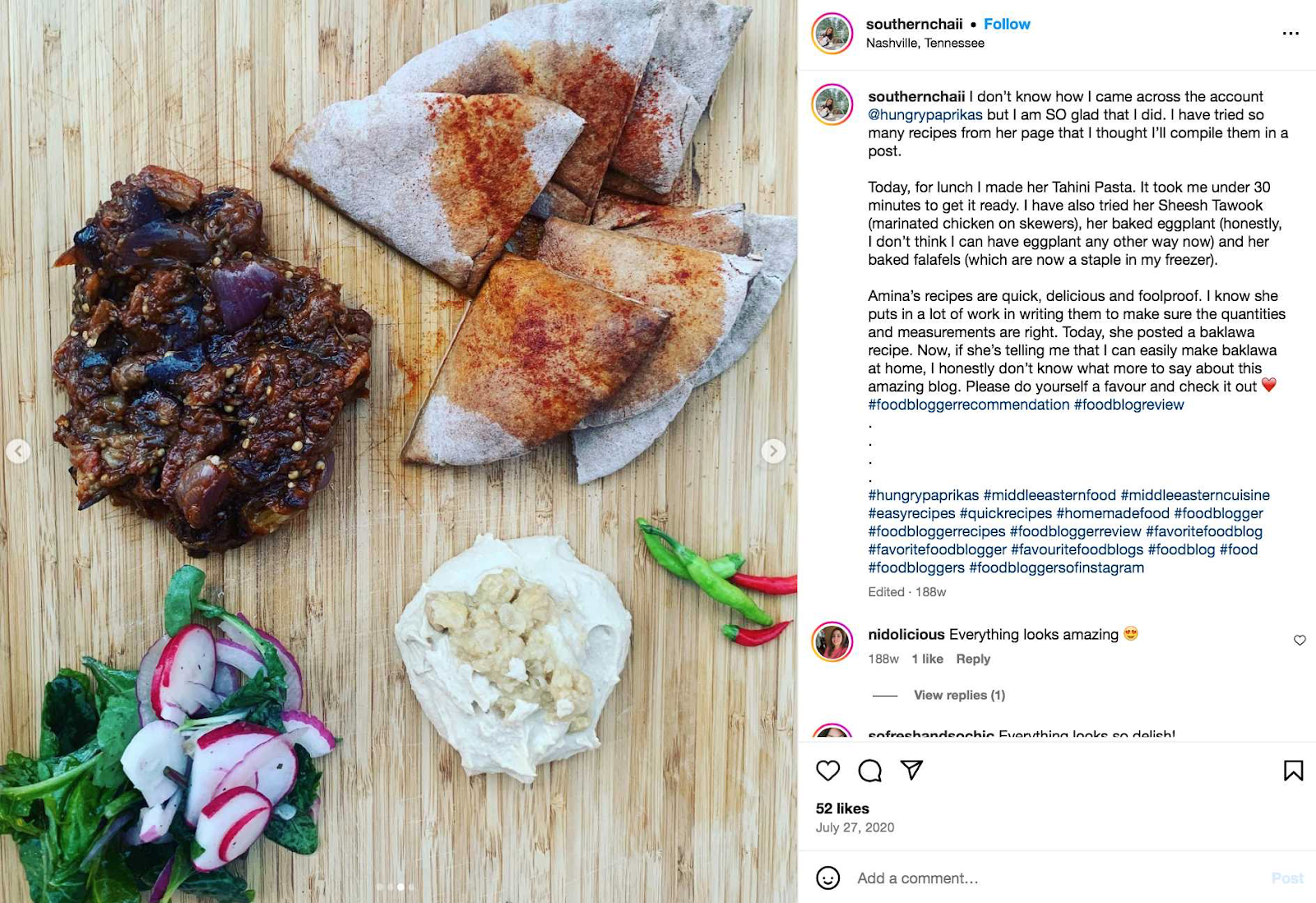 @southernchaii Instagram post mentioning a recipe from the food blog Hungry Paprikas
