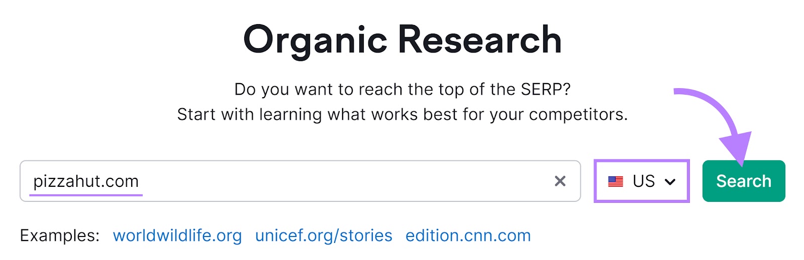 Organic Research tool with "pizzahut.com" in the search field and an arrow pointing to the "Search" button.