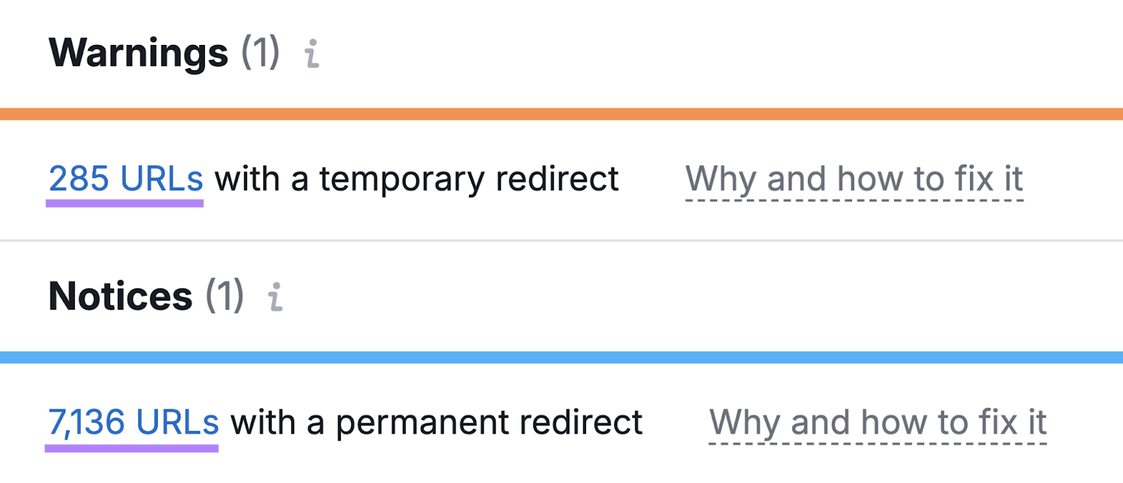 affected urls for temporary and permanent redirects highlighted