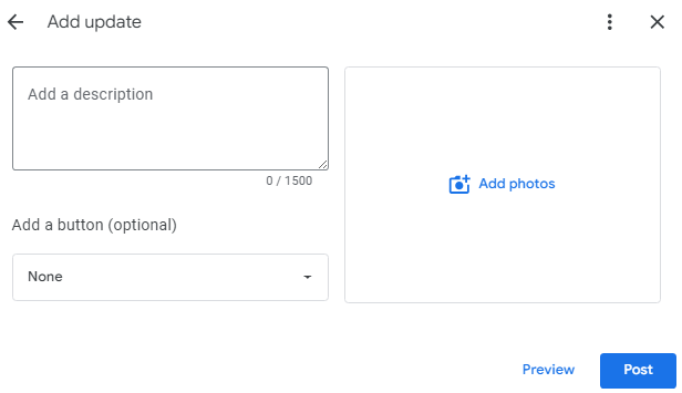 The window to add an update in the Google Business Profile dashboard