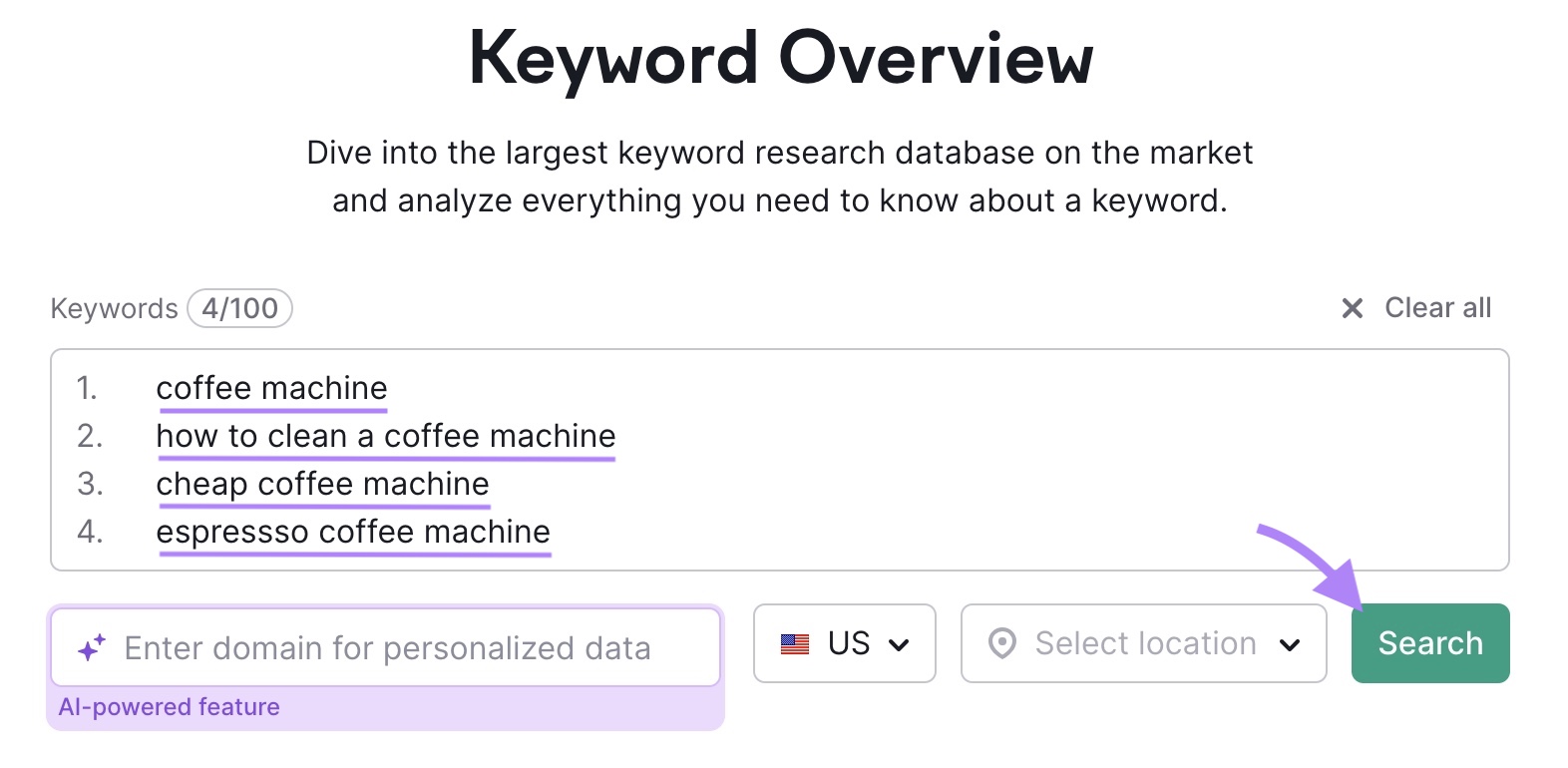 Keyword Overview instrumentality   commencement  with 4  antithetic  keywords entered and the "Search" fastener  clicked.