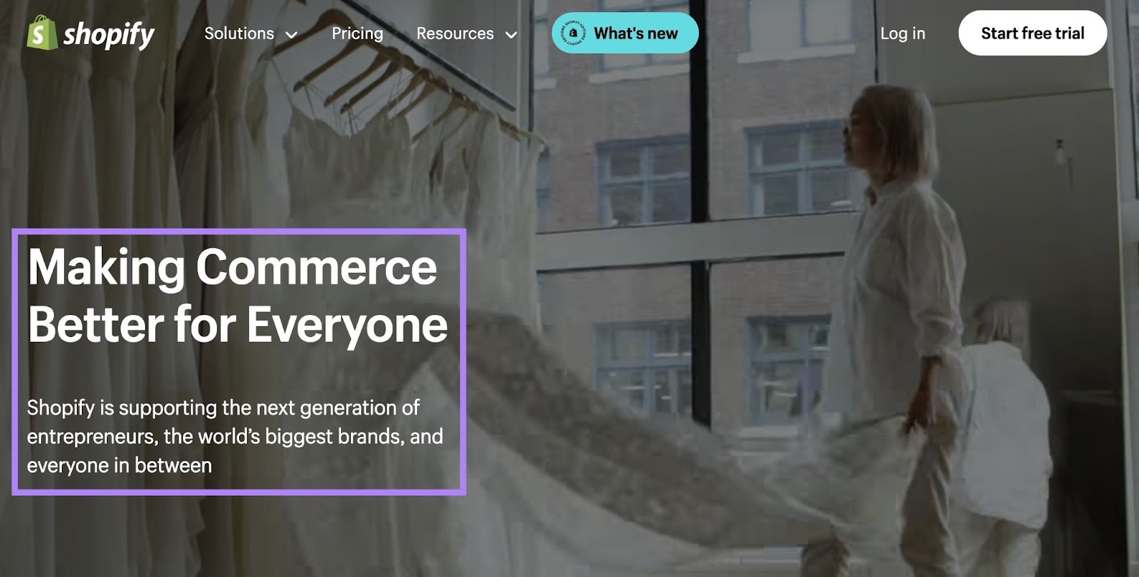 Shopify's header  connected  the homepage which reads "Making commerce amended  for everyone".