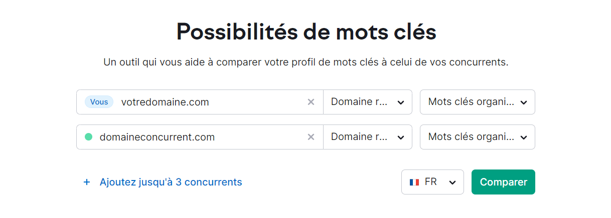 Paramétrer Possibilités de mots clés de Semrush