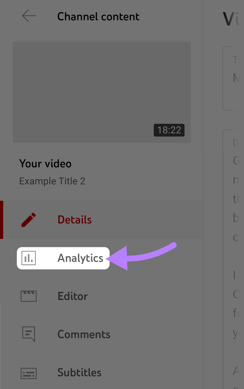 "Analytics" option selected for the chosen video