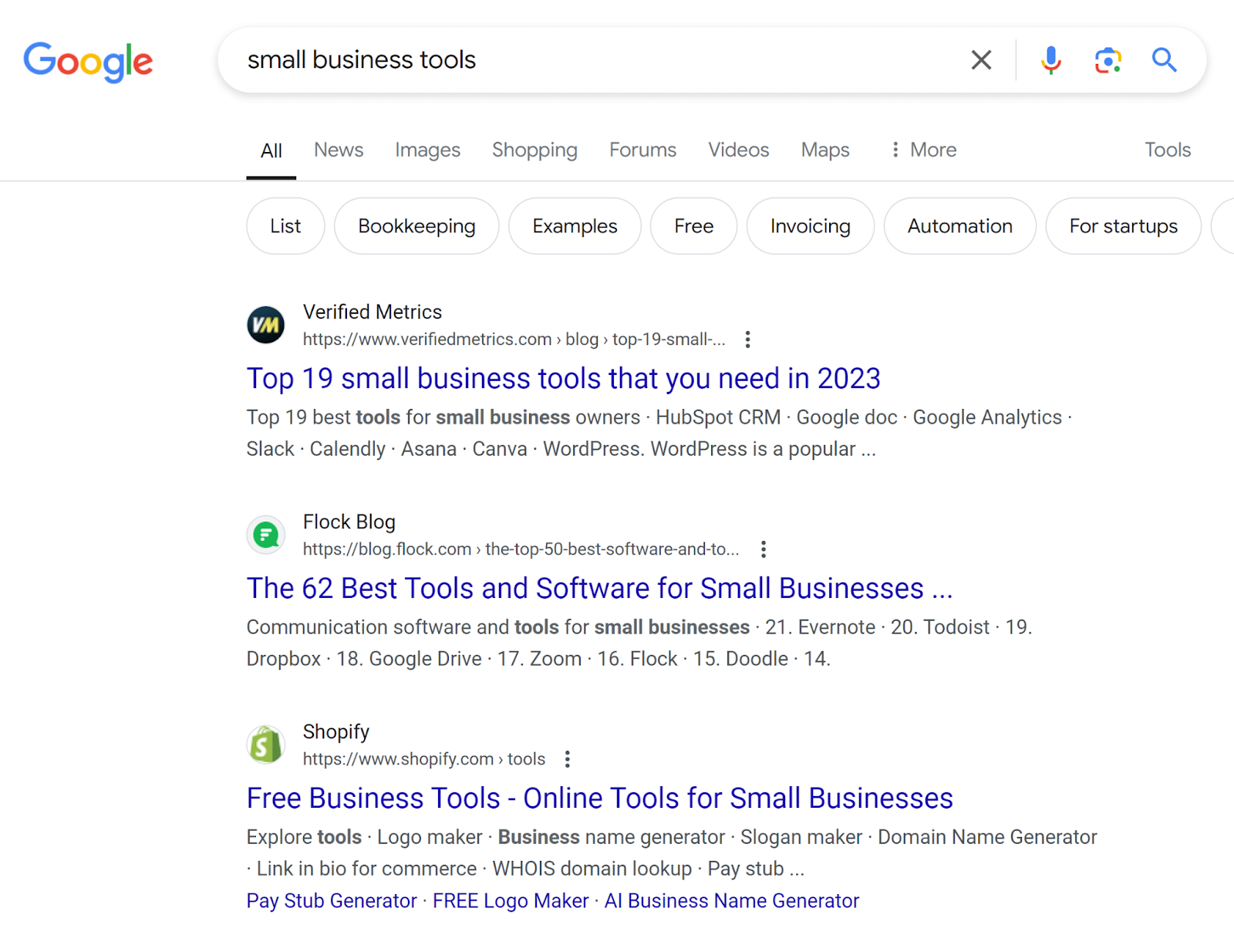 Google SERP for 'small concern  tools' showing roundup articles