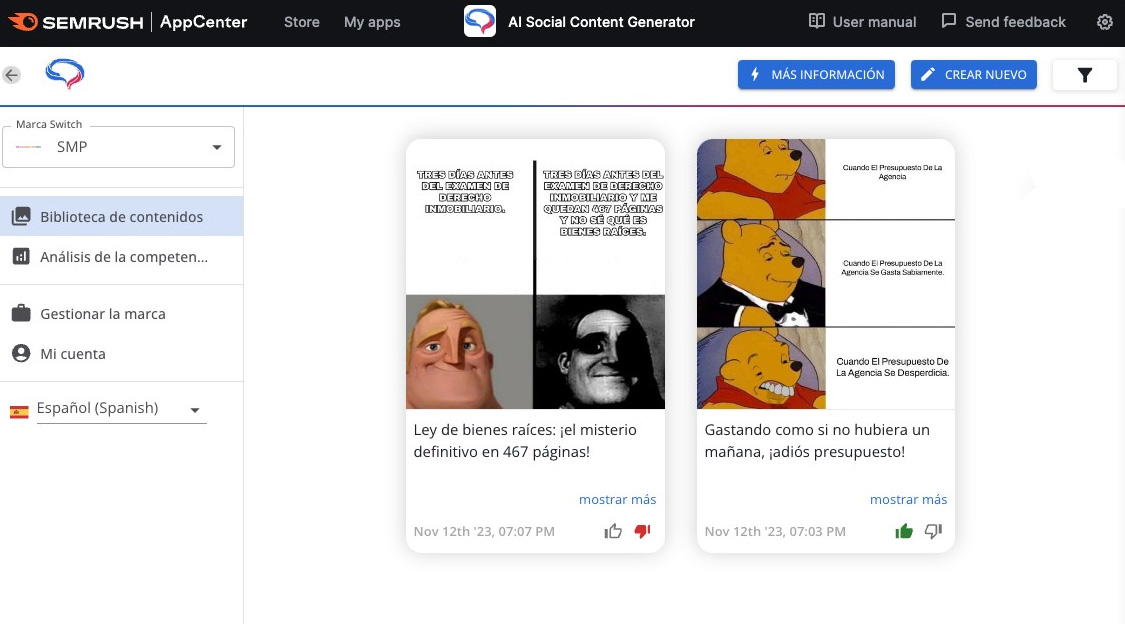 Con AI Social Content Generator puedes crear publicaciones de una sola imagen, memes, vídeos y carruseles.