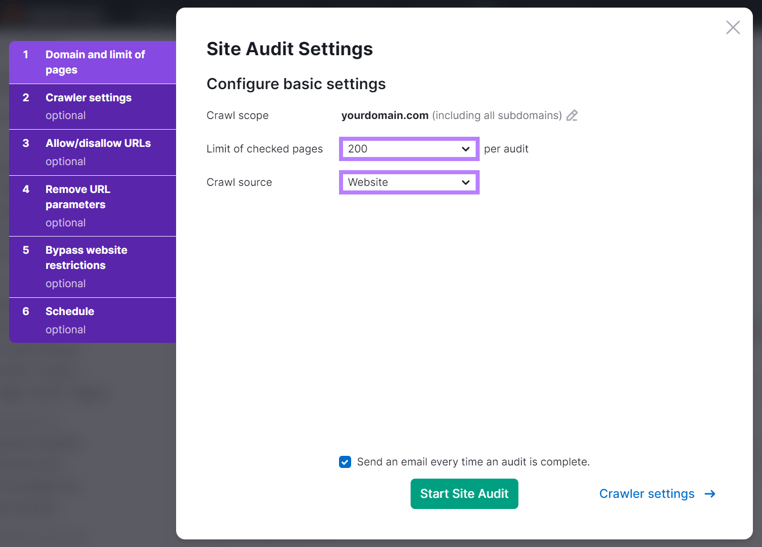 Site Audit settings conifguration popup with Limit of checked pages and Crawl source settings highlighted.