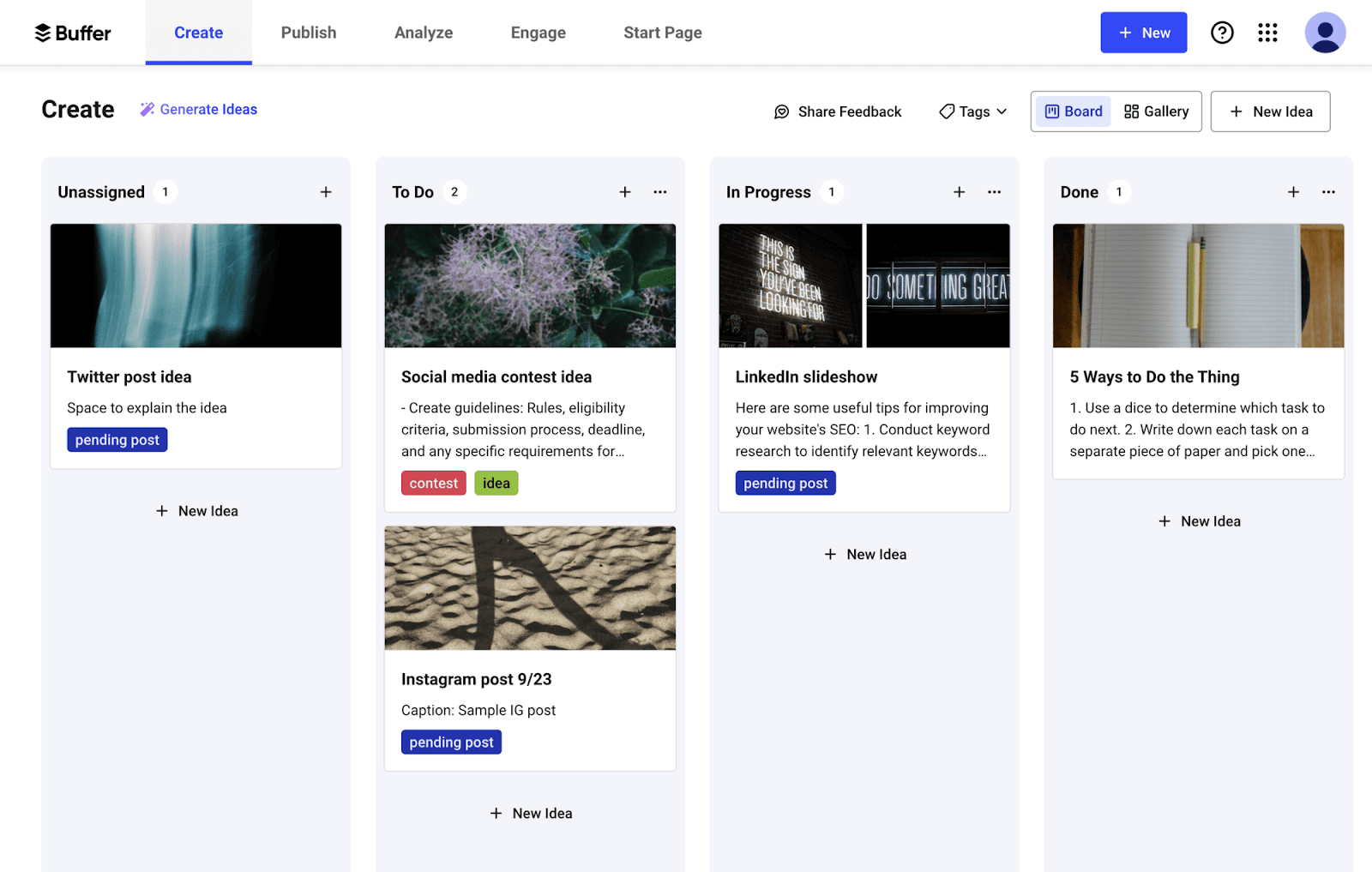 Buffer kanban board of social media ideas