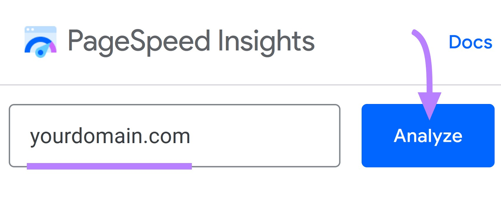 Google PageSpeed Insights with a domain entered and "Analyze" clicked.