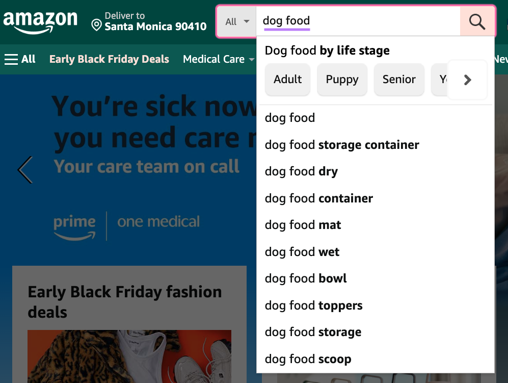 Amazon's suggestions when typing " food" into the search bar