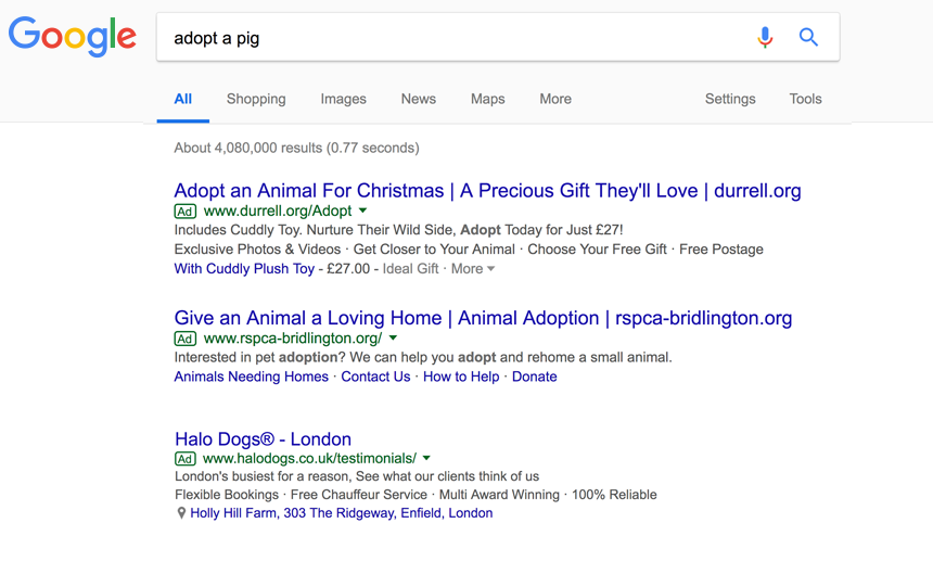 Search for adopt a pig, top three Google ads