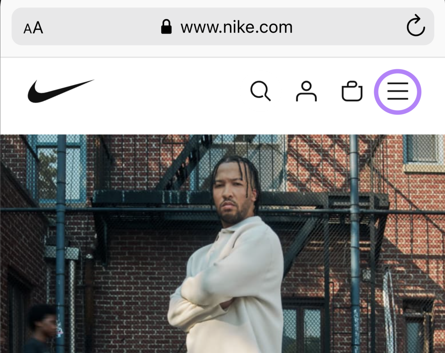 Nike condenses the mobile navigation into a menu shown with three horizontal lines