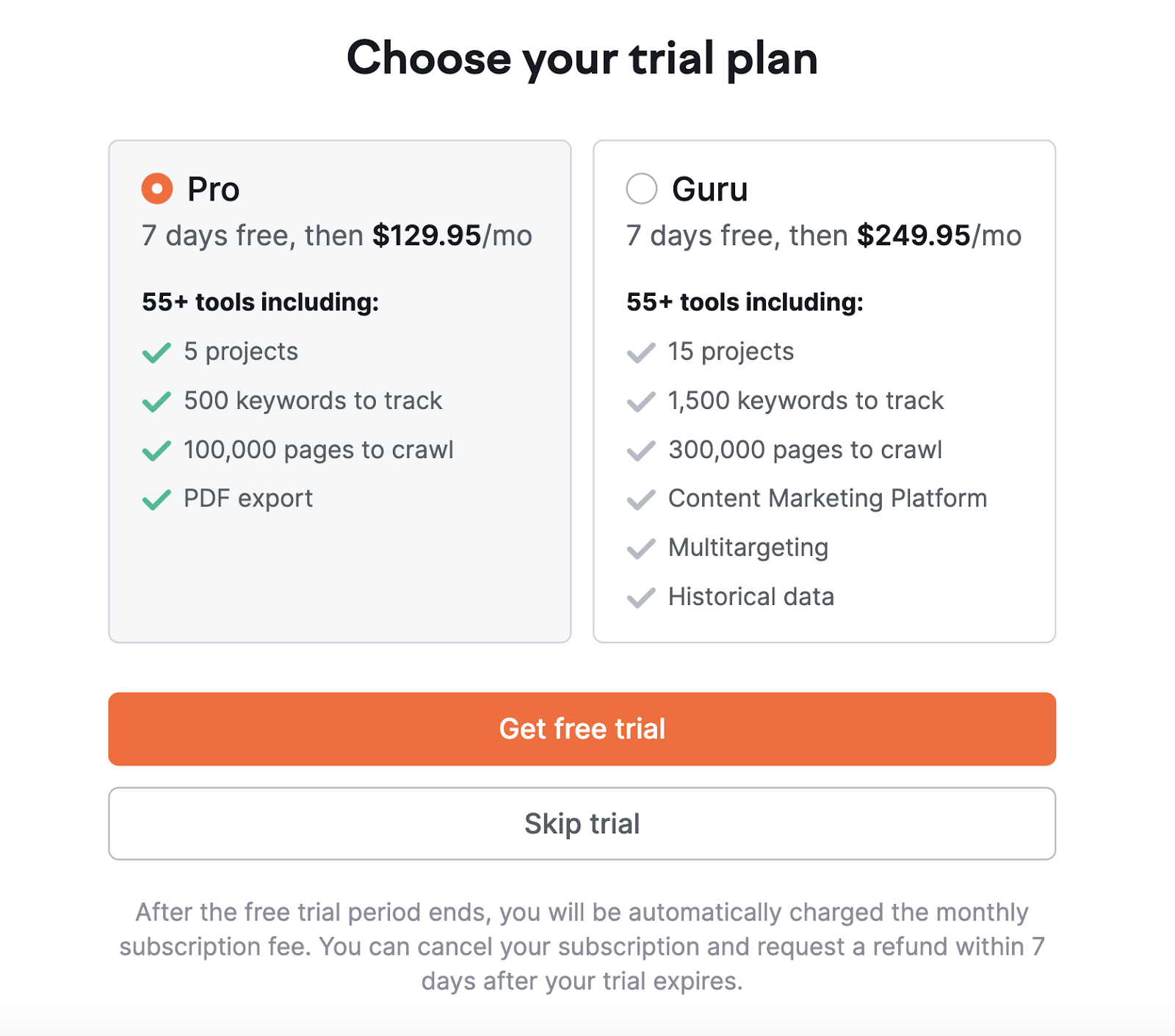 Semrush's "Choose your trial plan" opt-in