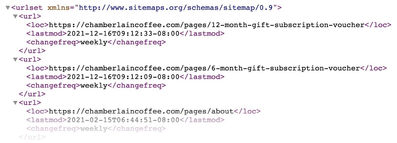 XML website sitemap example