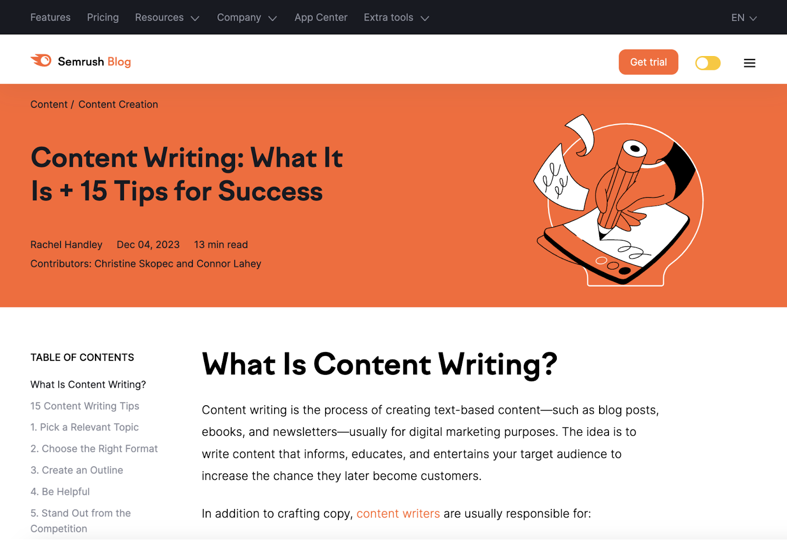 Above the fold section of Semrush's blog on content writing