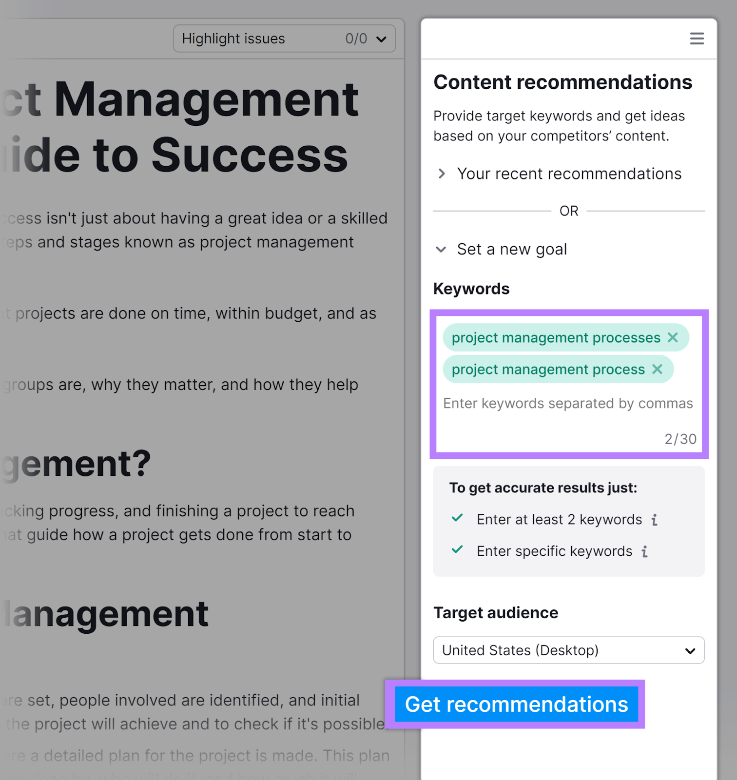 Content recommendations section with Keywords input box and 'Get recommendations' button highlighted