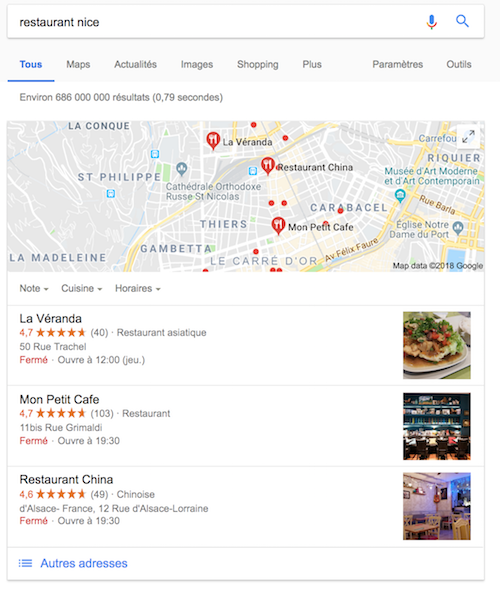 Affichage Google restaurant nice