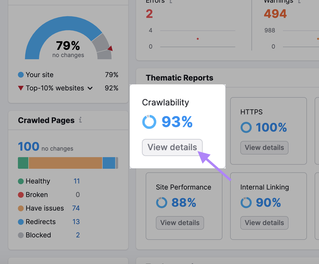 “Crawlability” widget in Site Audit overview report