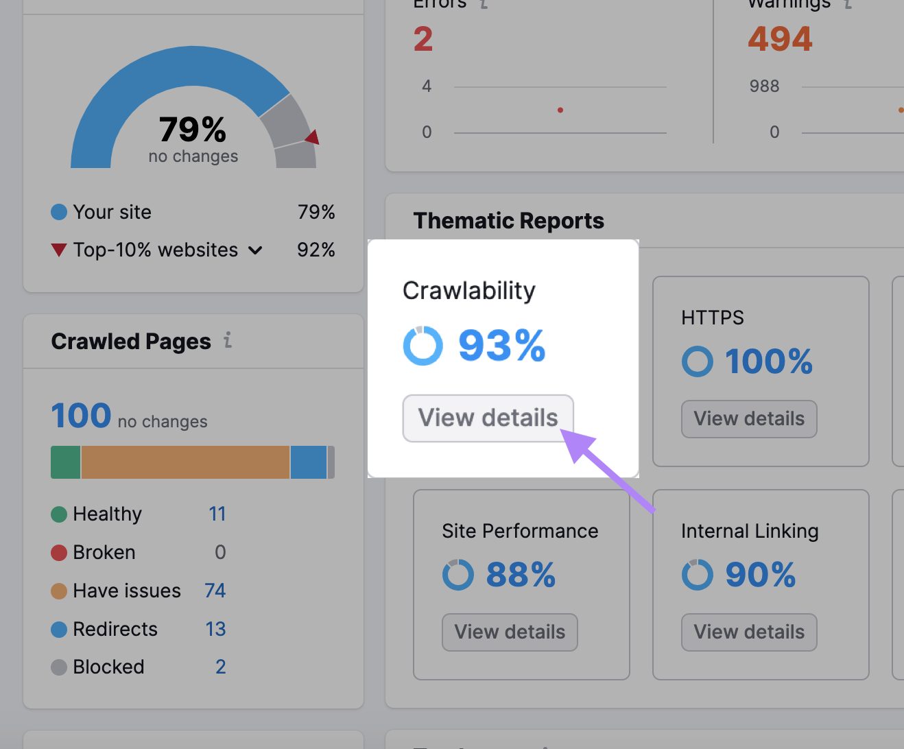 Widget "Rastreabilidade" no relatório de visão geral da Auditoria do site