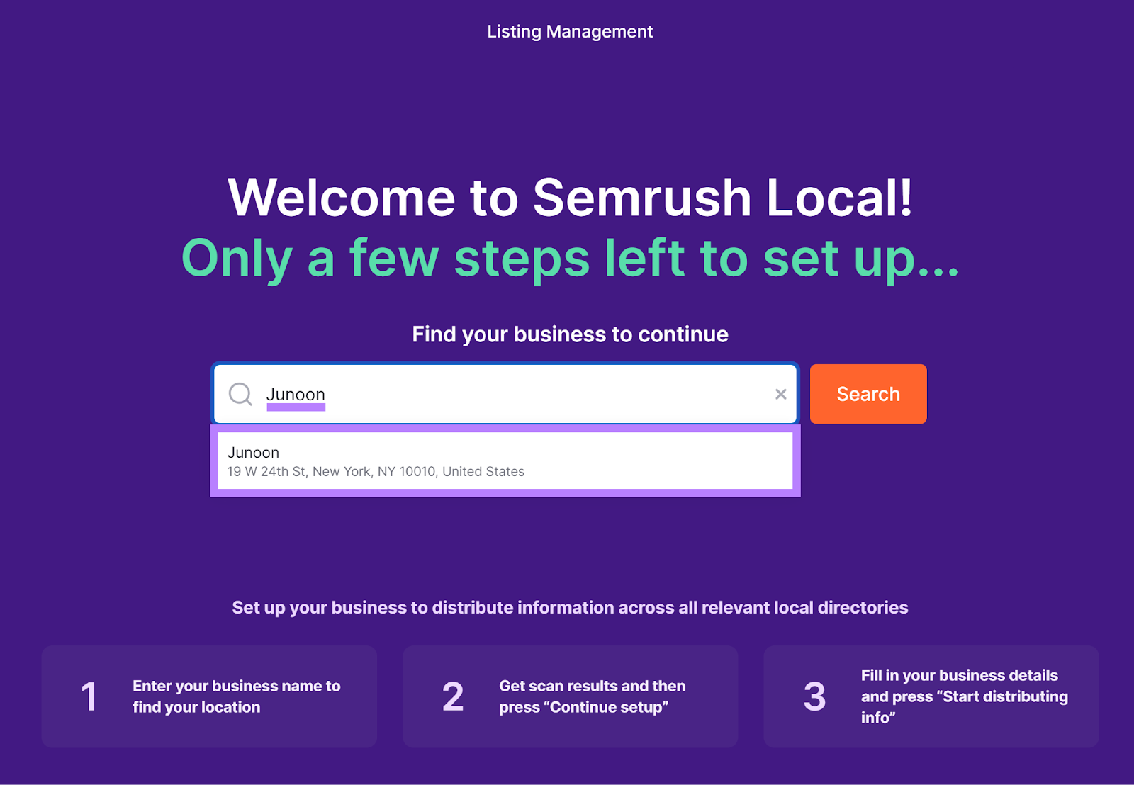 Semrush Local Listing Management tool start with business name entered in search field and suggested business highlighted