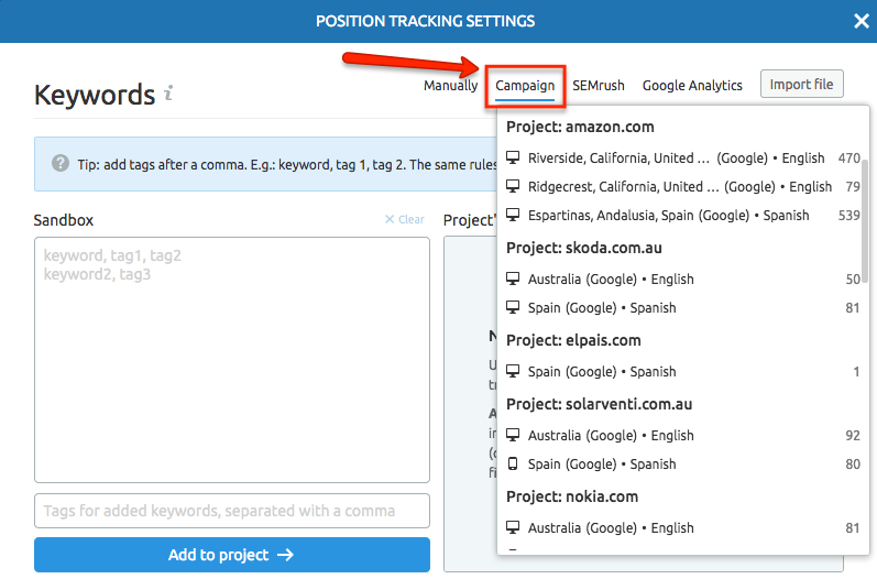 Import keywords in Position Tracking
