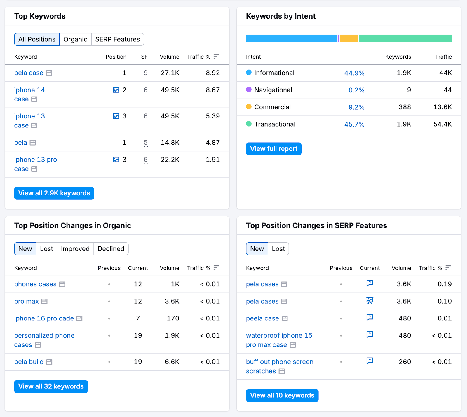 the overview study shows apical keywords, keywords by intent, apical position changes successful organic, and apical position changes successful serp features