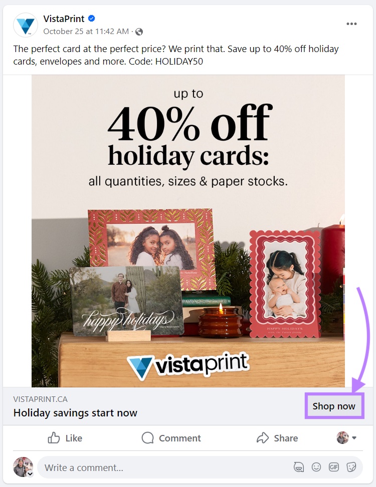 “Shop now” CTA under VistaPrint's Facebook ad