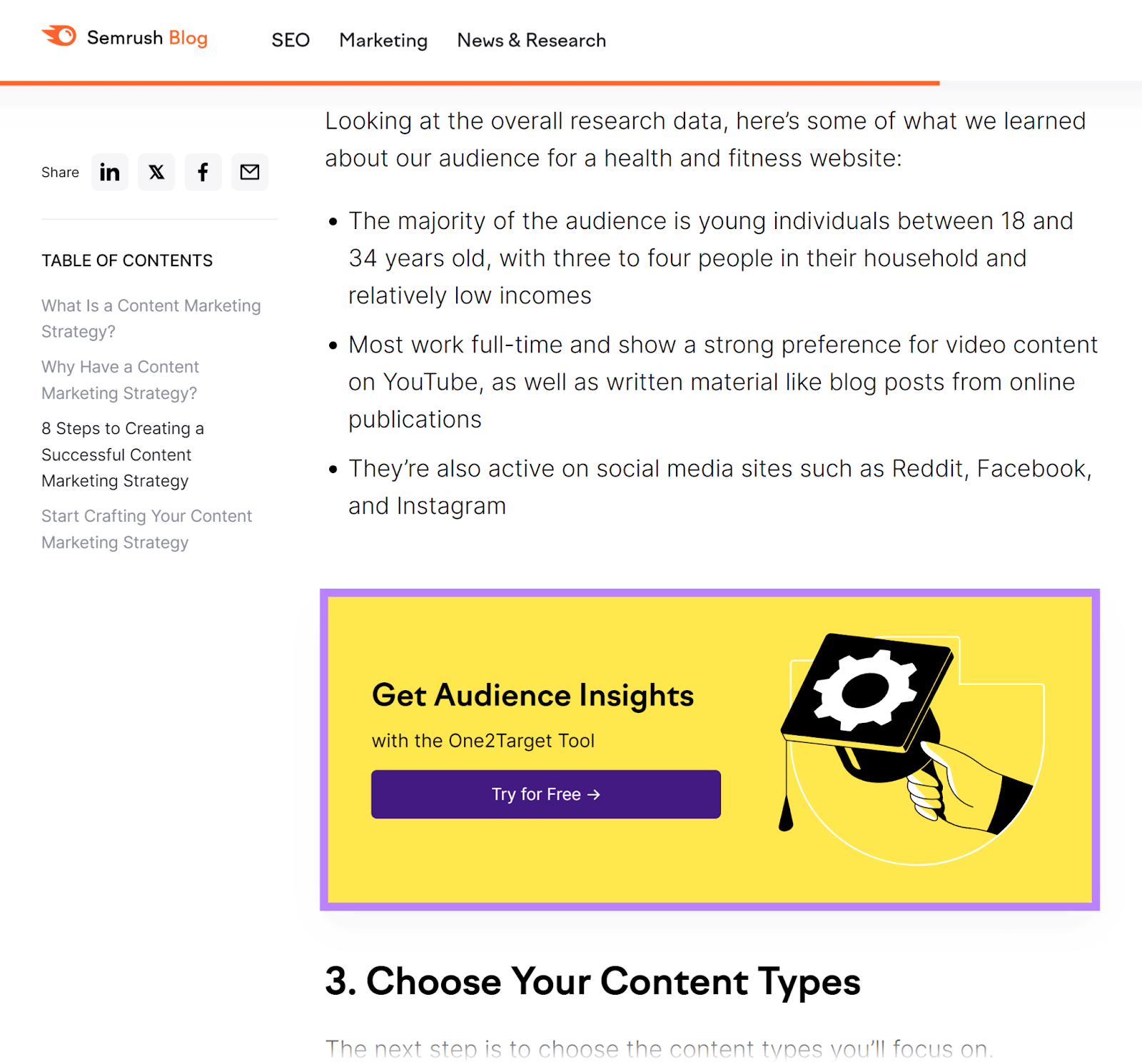 CTA banner for One2Target tool in body content of Semrush blog post.