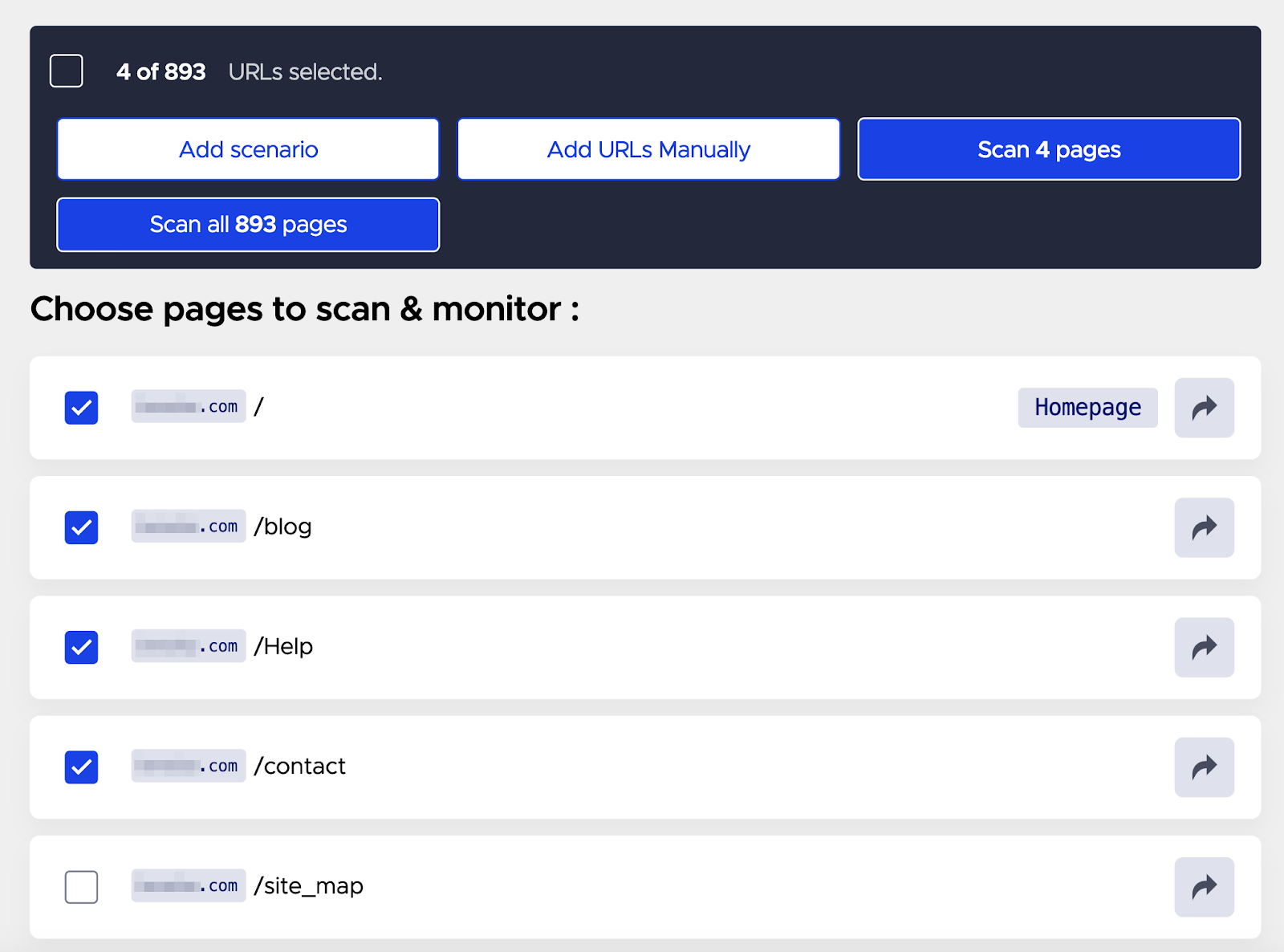 Selecting URLs in Accessibility Scan & Monitor app