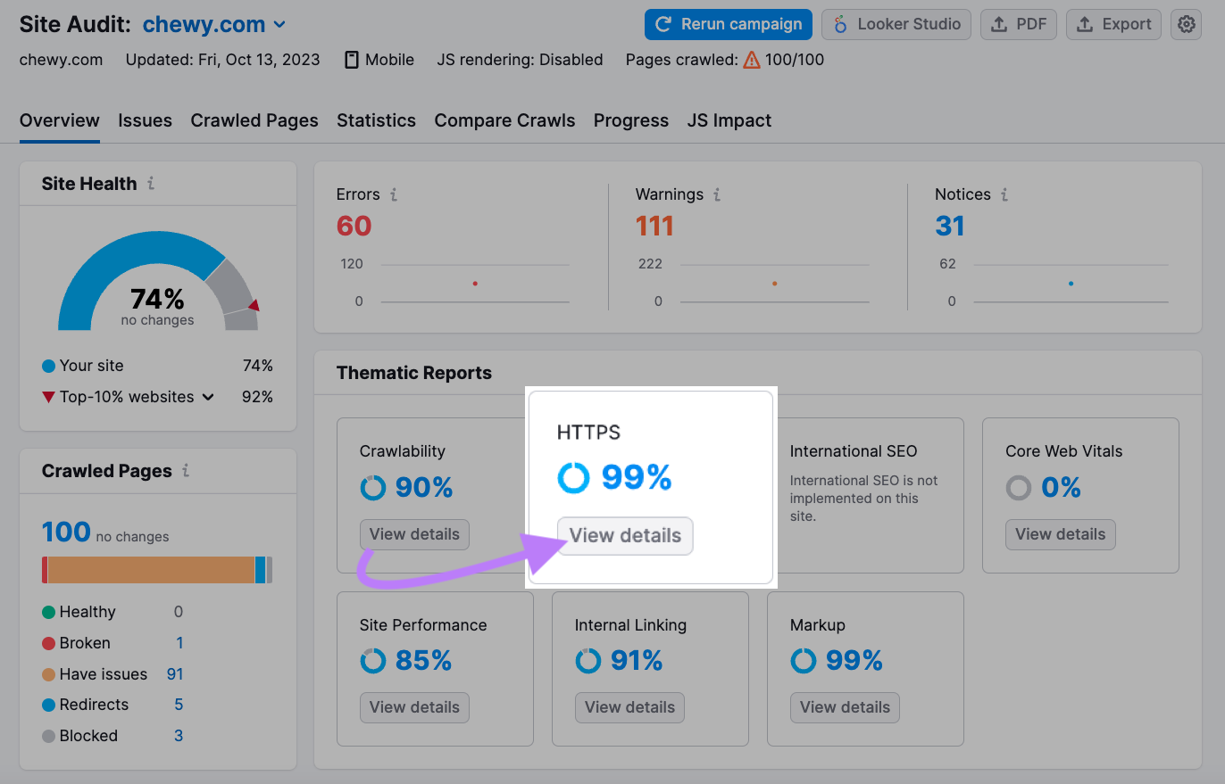 “Widget de marcação destacado no painel de visão geral da Auditoria do site