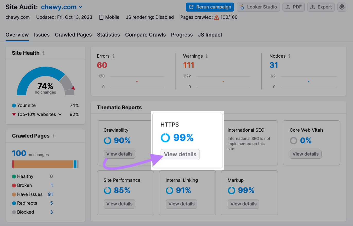 “HTTPS” widget highlighted in the Site Audit overview dashboard