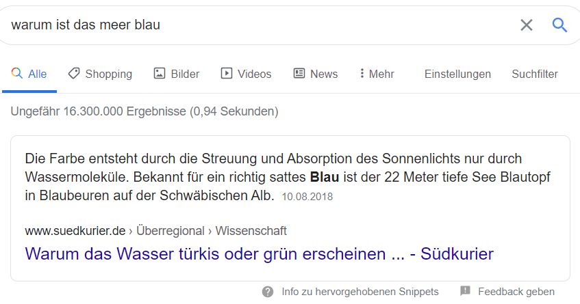 Kurze Antwort auf eine Frage bei Google