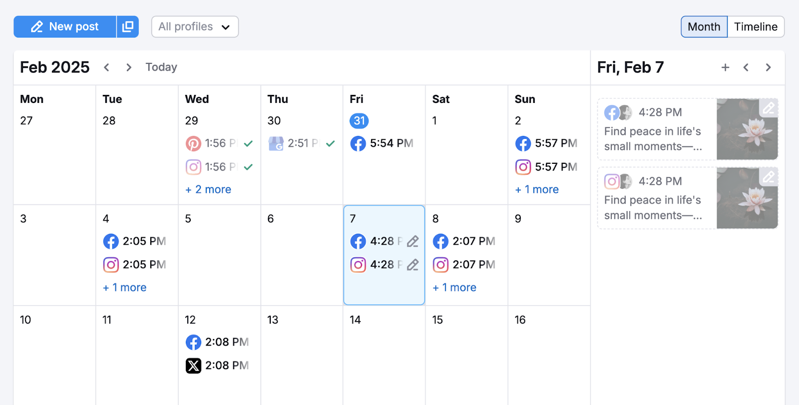 The calendar view shows all future posts across platforms as well as posts that have published in the past.