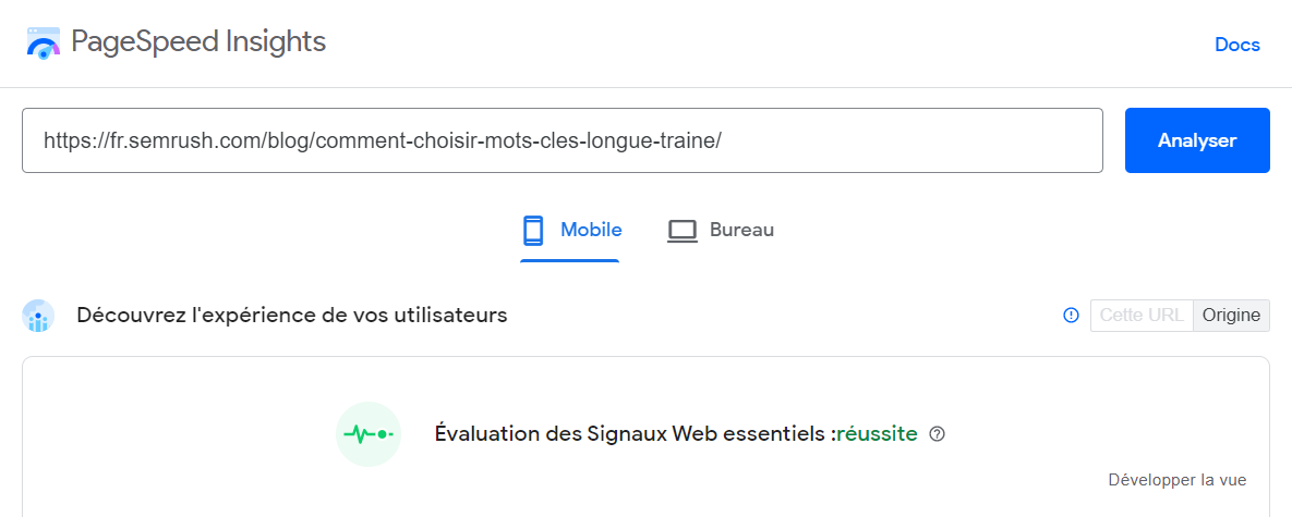 PageSpeed Insights, réussite pour les signaux web essentiels