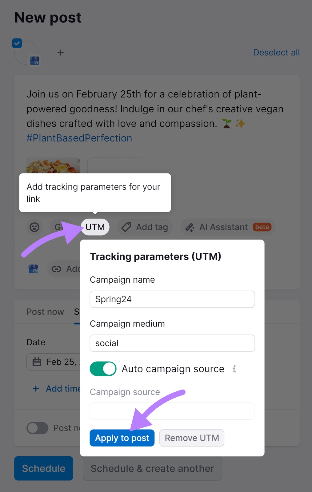 Add a UTM tracker to your GBP station  successful  Social Poster tool