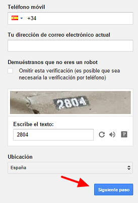 Crear canal Youtube - Rellenar cuenta de correo 2º paso