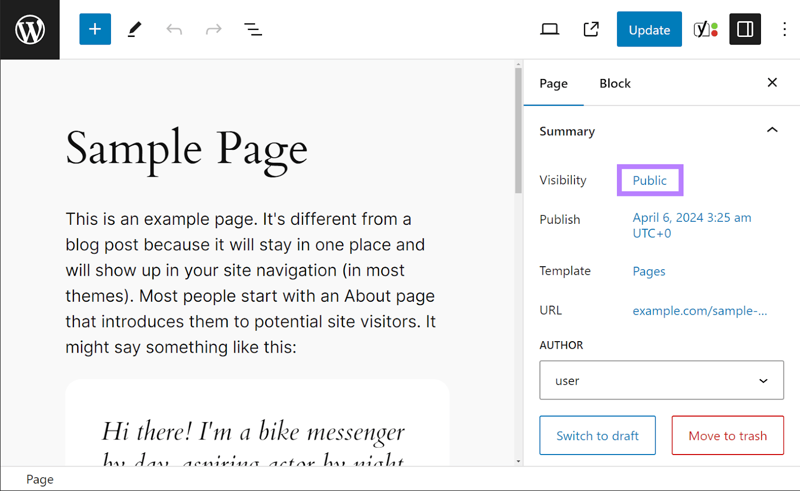 WordPress page with the visibility set to Public.
