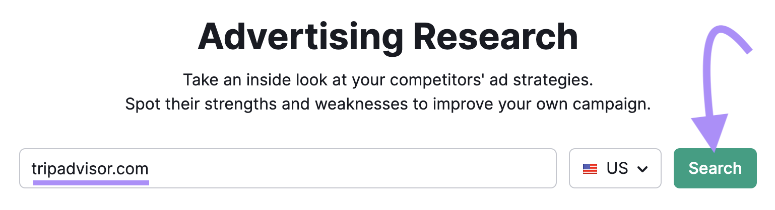 "tripadvisor.com" entered into the Advertising Research hunt  bar