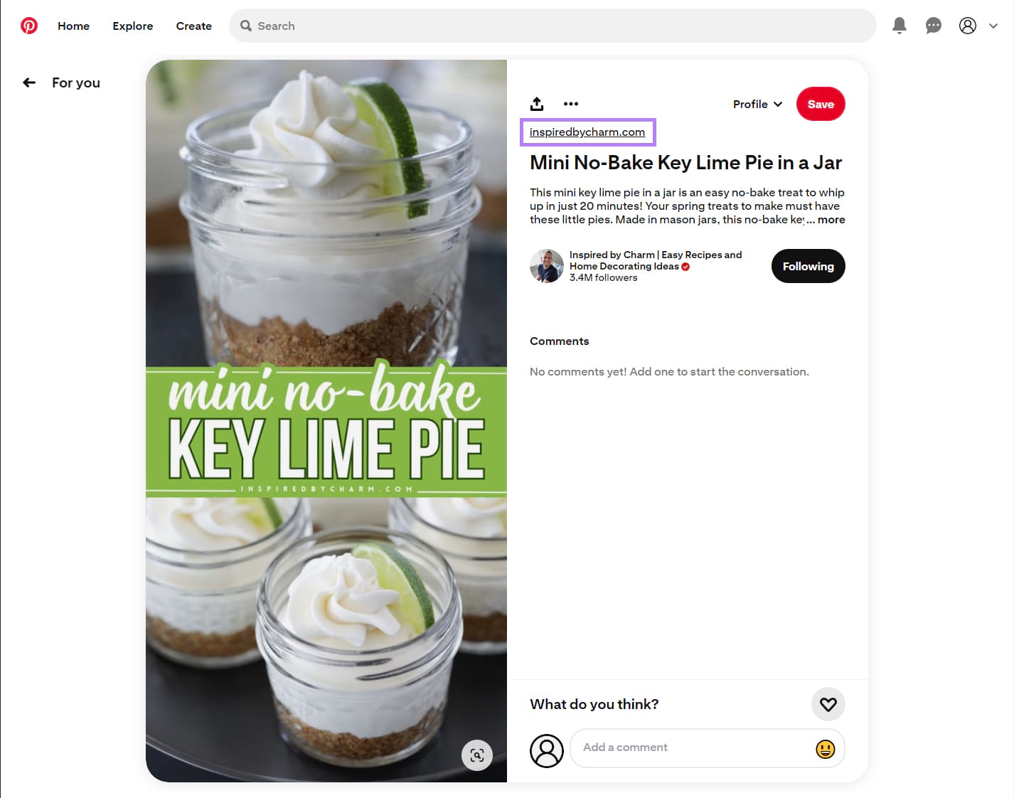 Pinterest Pin for a key lime pie recipe showing the link to the account's website.