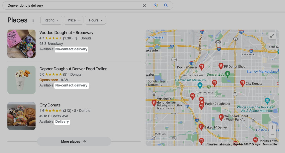 Google "Places" section for “Denver donuts delivery” search