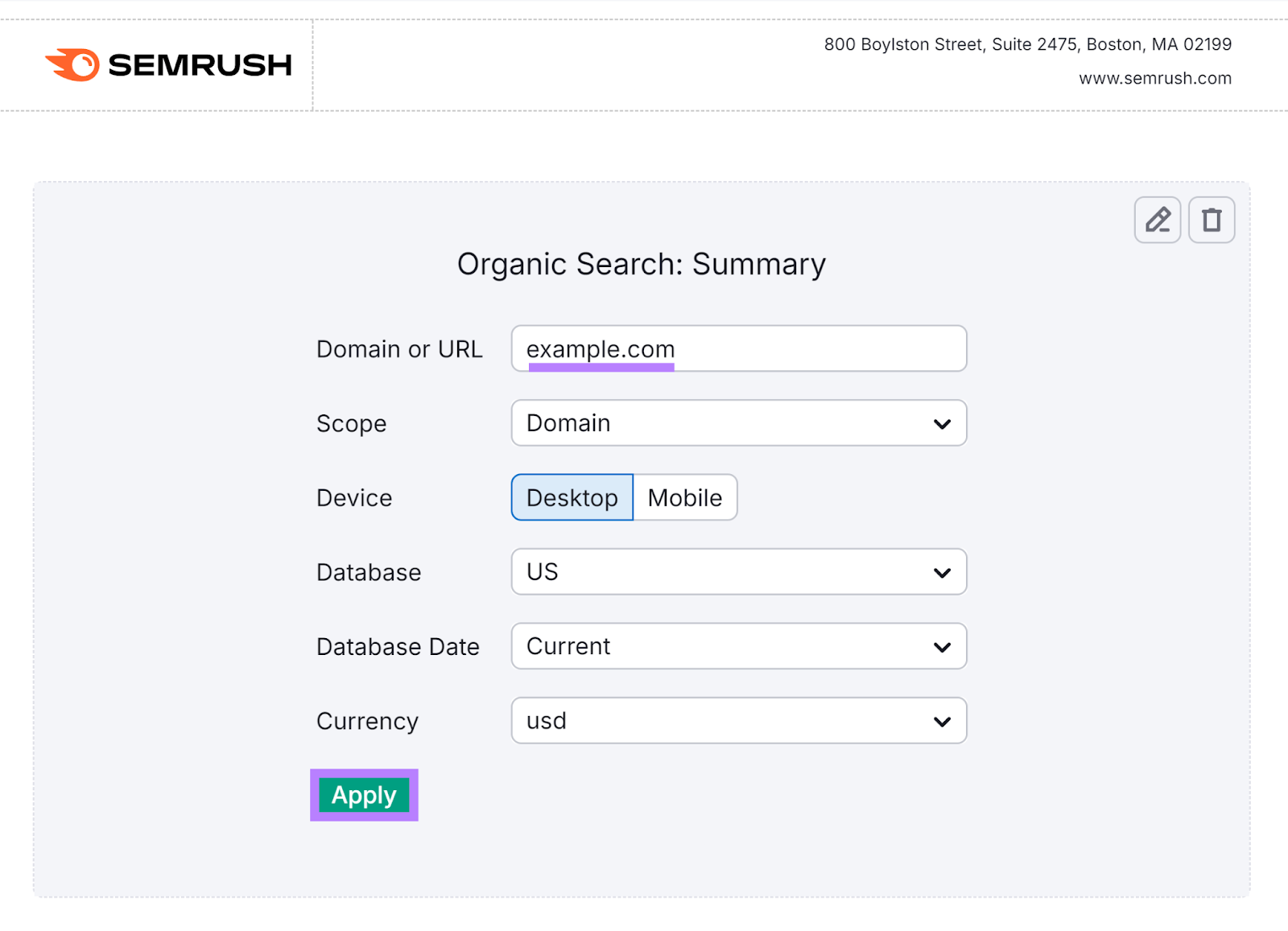 Widget settings configuration with domain entered and Apply fastener  highlighted