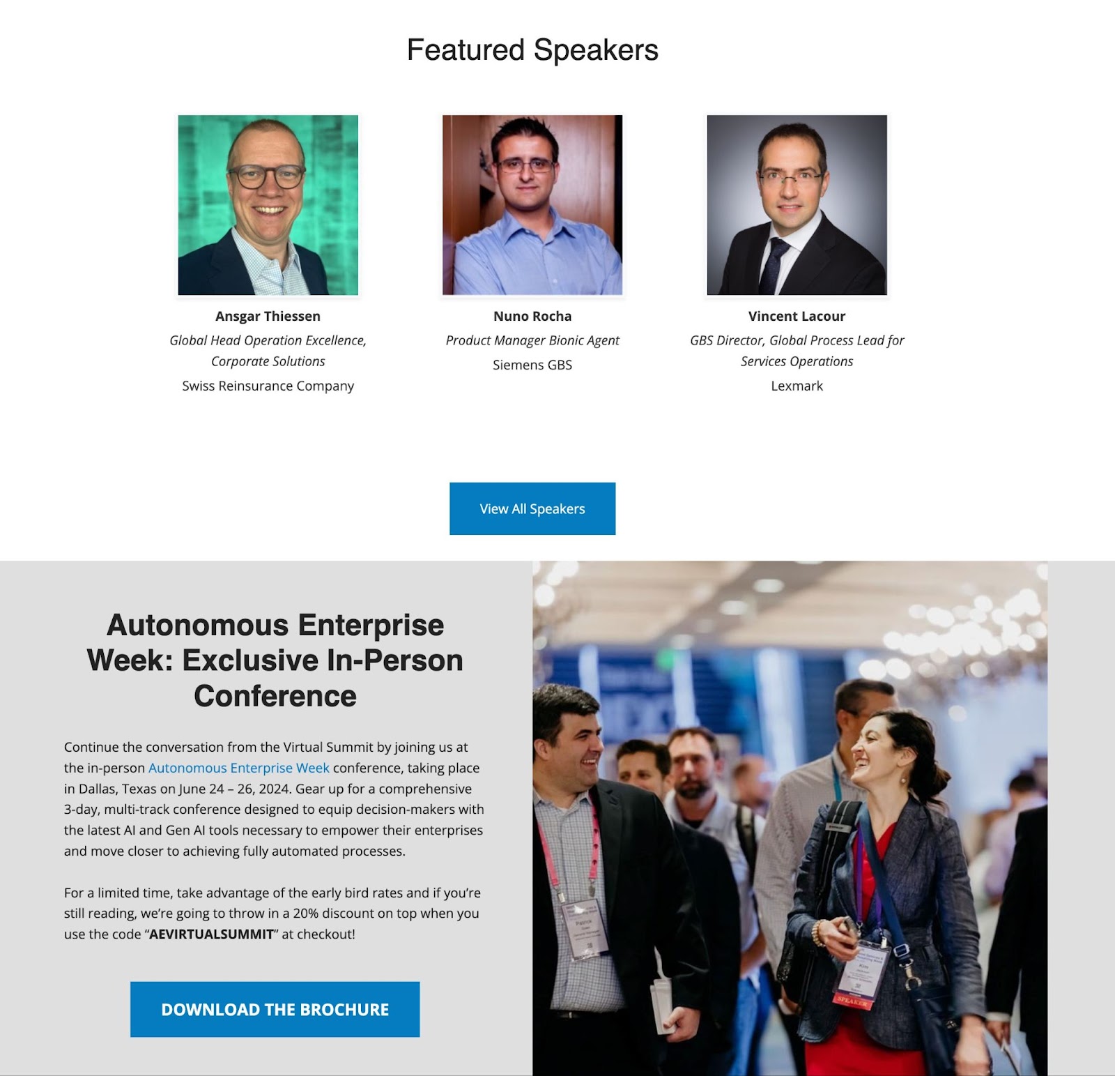 virtual summit landing page with featured speakers and the conference brochure